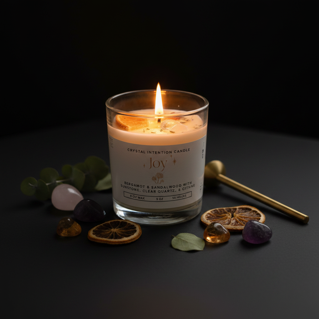 A lit scented candle in a clear glass jar with a white label reading Crystal Intention Candle and Joy, set on a dark surface with crystals, dried orange slices, green leaves, and a gold spoon around it.