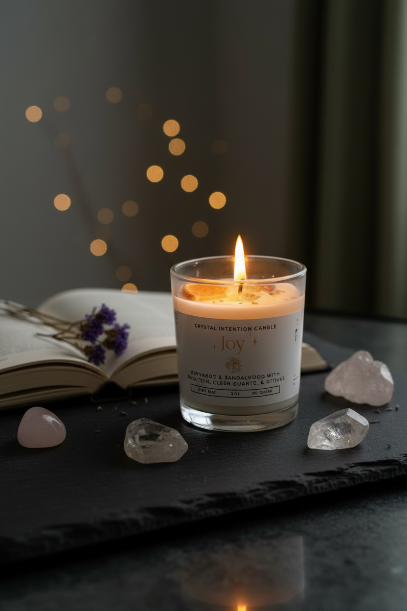A lit candle in a clear glass jar sits on a dark surface with an open book, crystals, and warm blurred lights in the background. The candle label reads 'Special Wreath Candle' and 'Joy'.