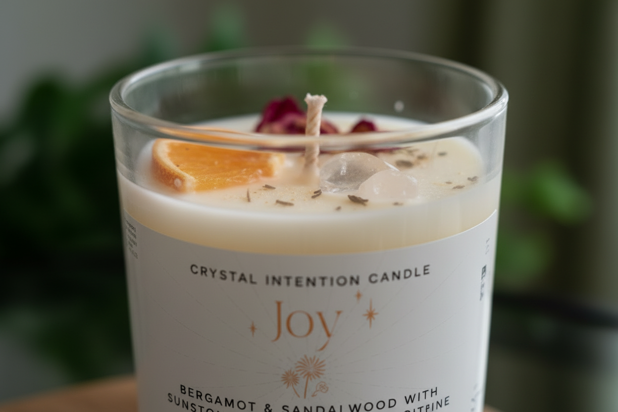 Joy Intention Candle by Jewellery by JN, lit with glowing flame, showing crystals and botanicals embedded in wax