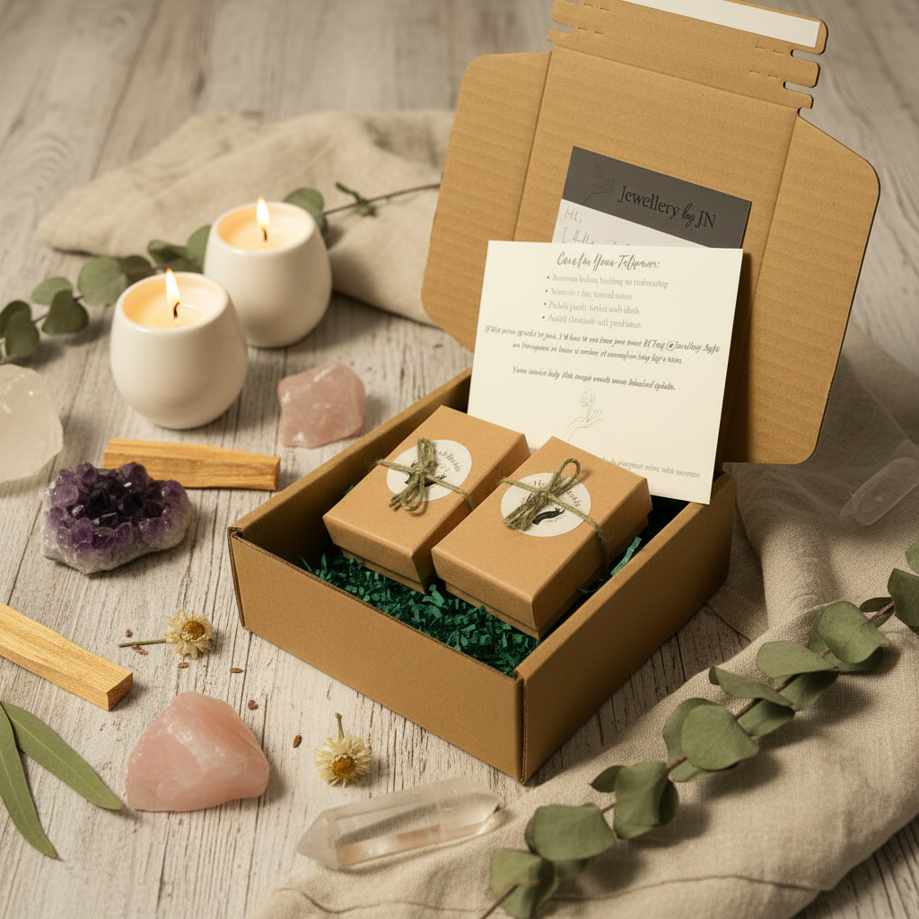Open cardboard box with two small brown boxes inside, surrounded by candles, crystals, and greenery on a wooden surface.