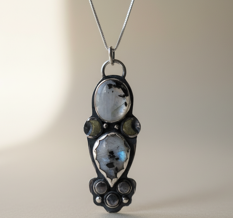 Necklace with a pendant featuring two oval stones on a neutral background