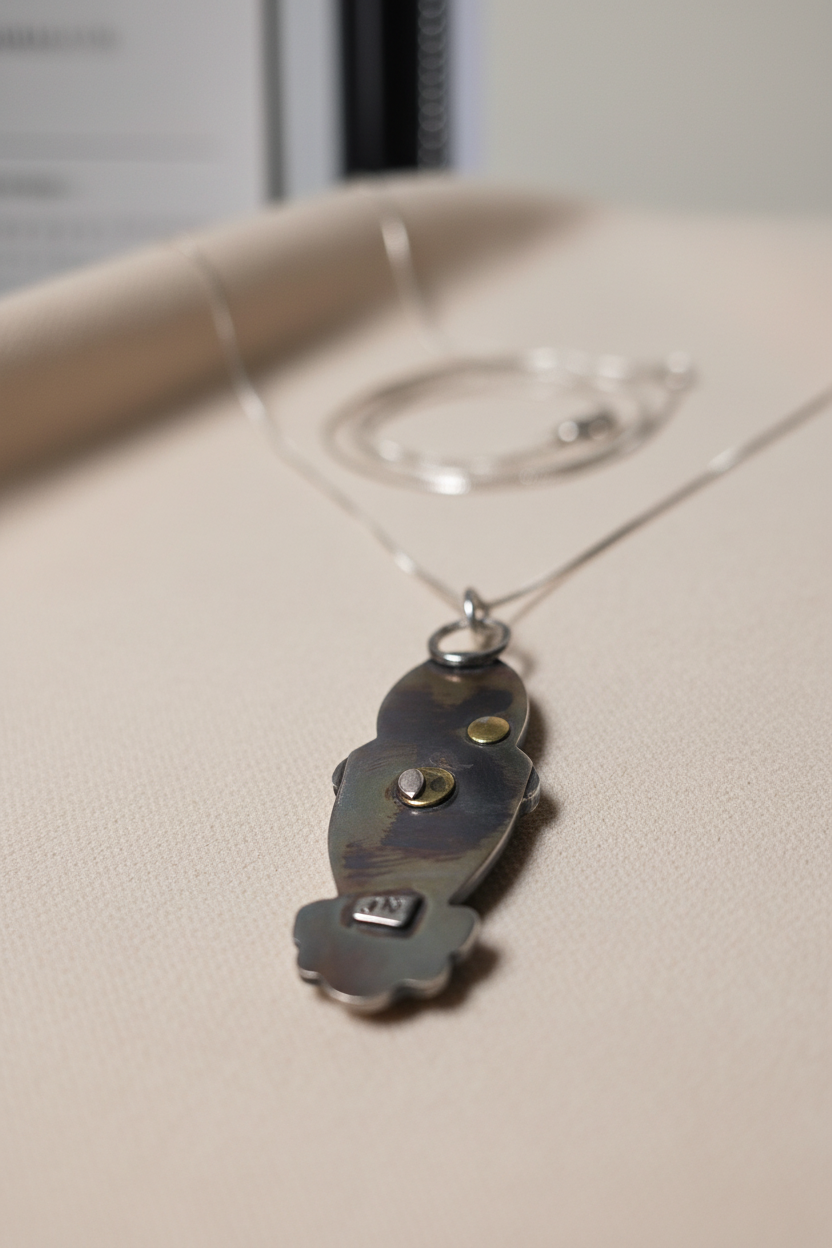 Metallic pendant on a chain against a neutral background