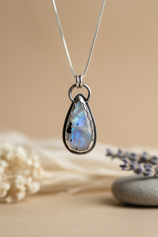 Necklace with a teardrop-shaped pendant featuring a blue gemstone on a beige background.