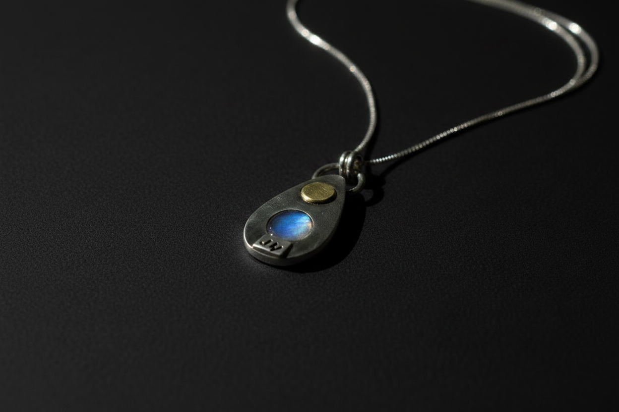 A silver teardrop pendant necklace featuring a small gold circular accent and a blue iridescent inlay, shown on a dark textured background.
