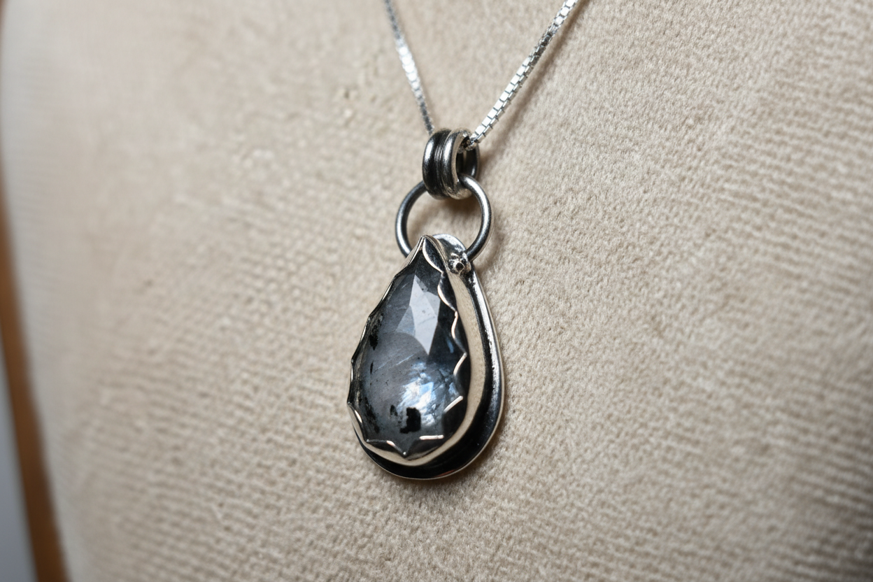 Teardrop-shaped pendant with a dark stone on a chain against a neutral background