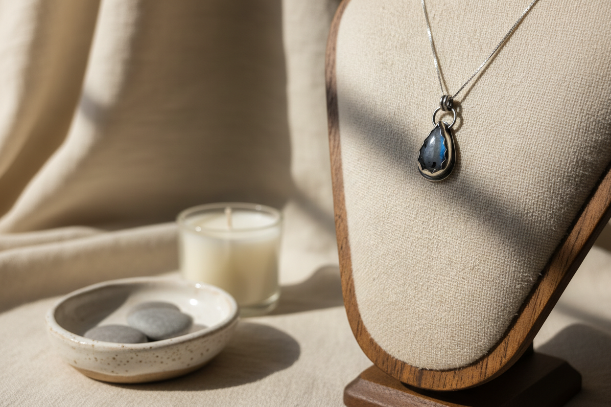 Necklace with a pendant on a wooden stand next to a candle and stones on a textured surface.