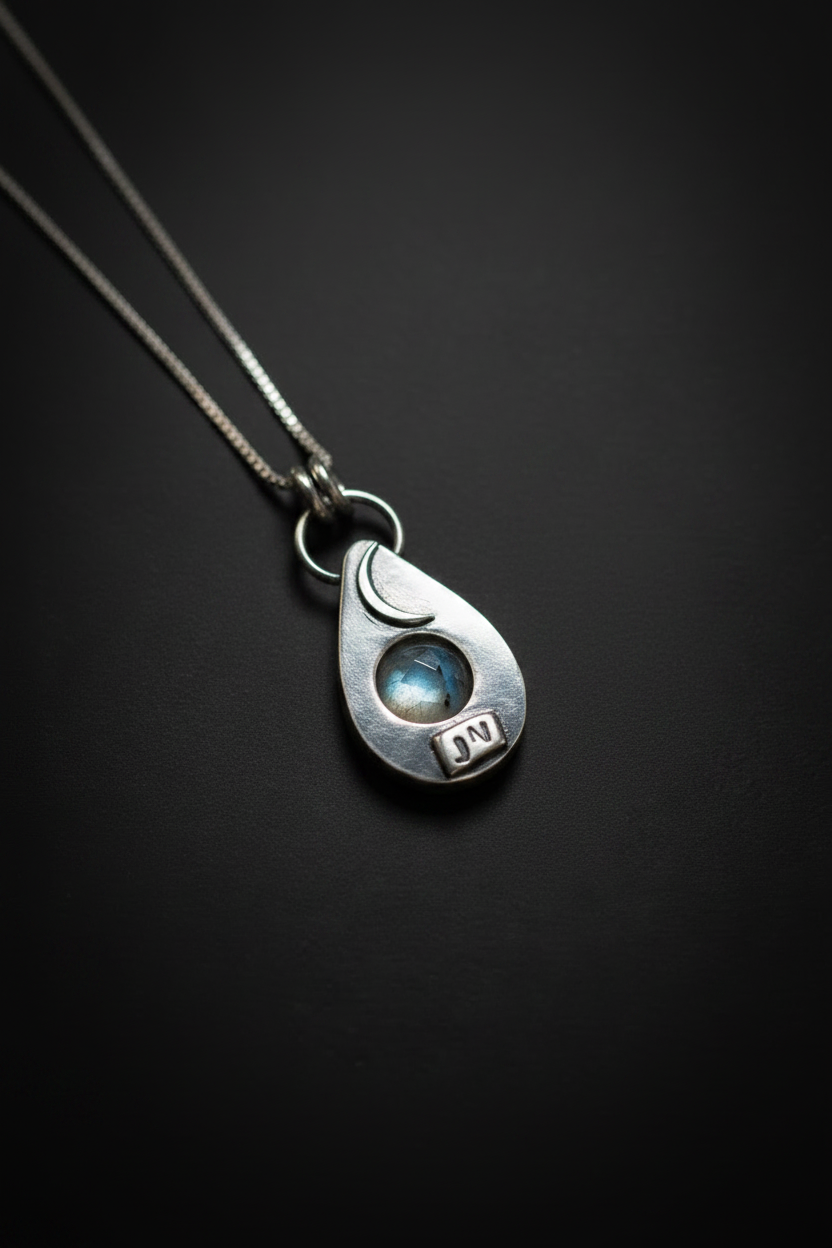 A sterling silver teardrop pendant necklace featuring a crescent moon, a small blue moonstone, and a 'DN' initial charm, shown on a dark background.