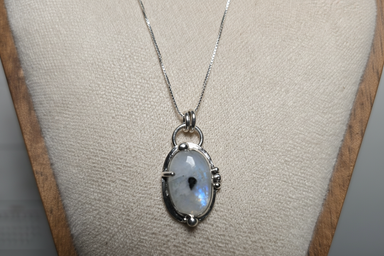 Silver pendant with a moonstone on a white stand