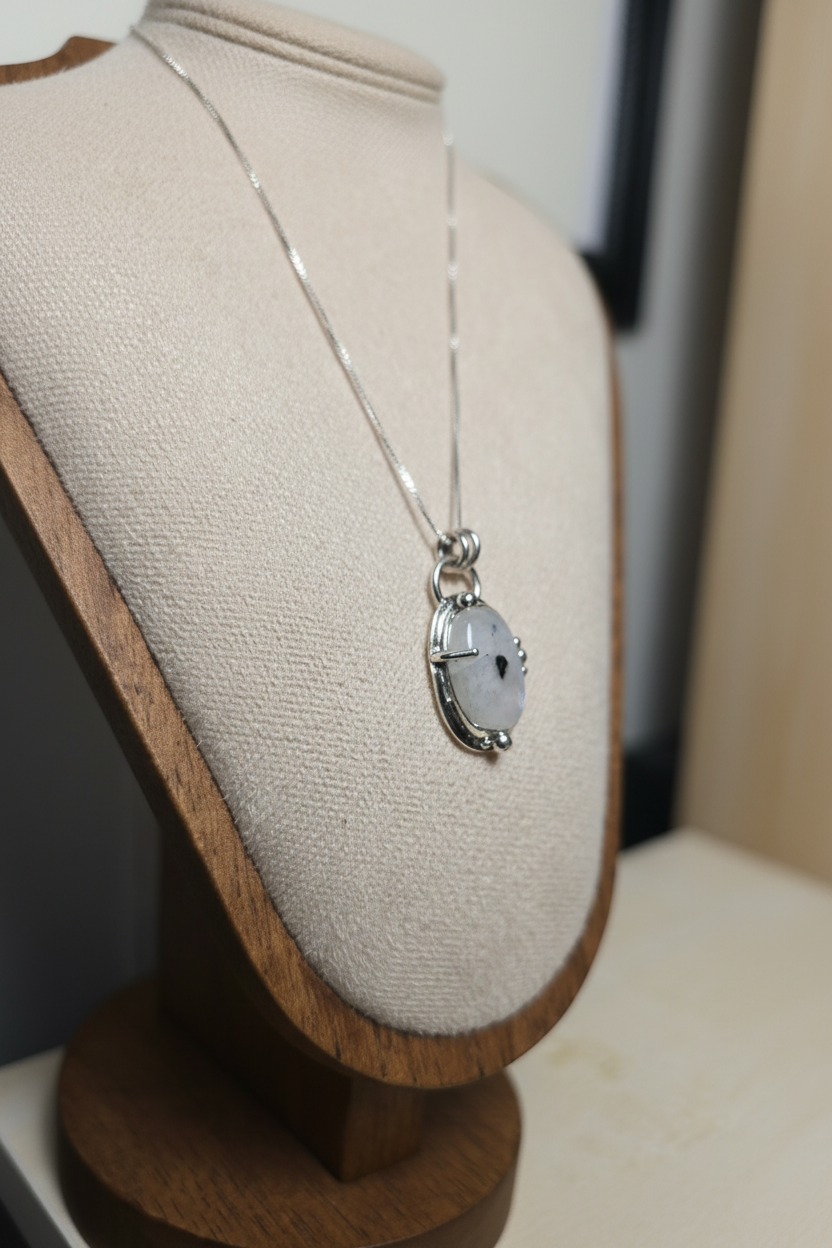 Silver necklace with a pendant on a wooden stand.