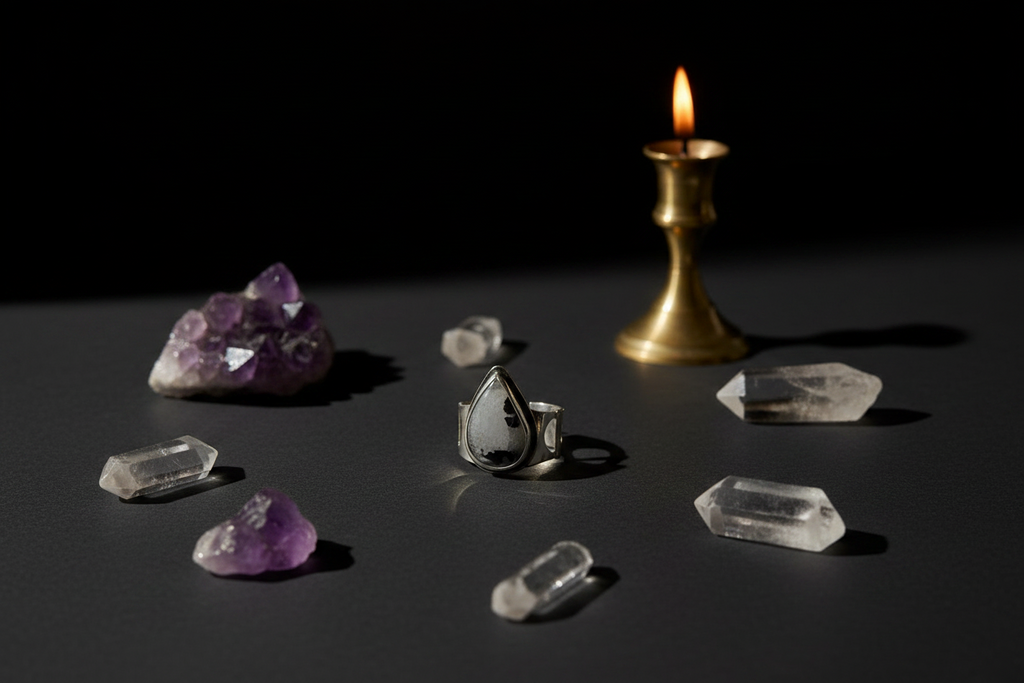 A silver ring with a teardrop-shaped black and white stone is displayed on a dark surface, surrounded by clear quartz crystals, a purple amethyst cluster, and a lit brass candle holder against a black background.