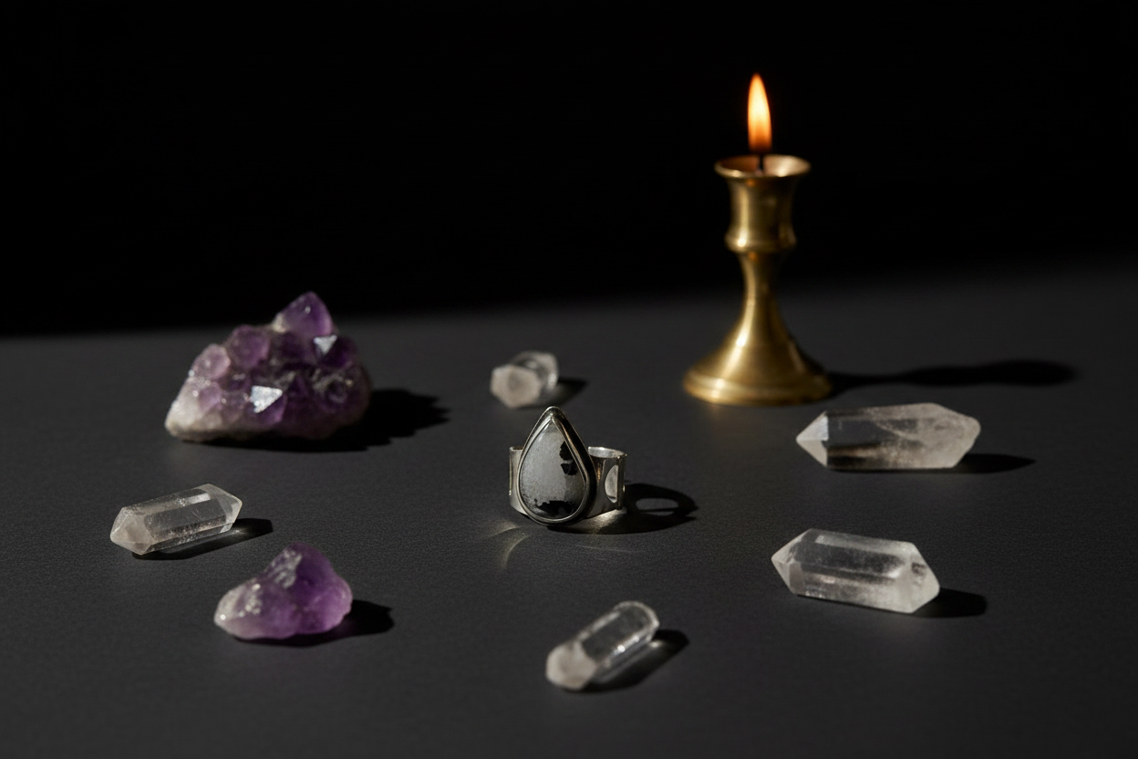 A silver ring with a teardrop-shaped black and white stone is displayed on a dark surface, surrounded by clear quartz crystals, a purple amethyst cluster, and a lit brass candle holder against a black background.