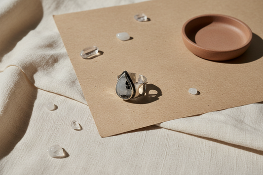 Jewelry set on a beige surface with a cardboard display