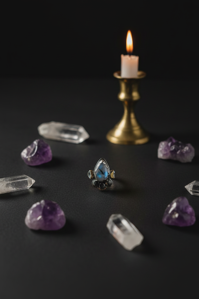 A silver ring with a teardrop-shaped blue gemstone is displayed on a dark surface, surrounded by raw purple amethyst and clear quartz crystals, with a lit brass candle holder in the background.
