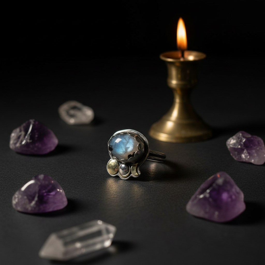 A silver ring with a round iridescent blue-green stone and small pearl-like beads, styled on a dark surface with purple crystals and a lit brass candle holder in the background.