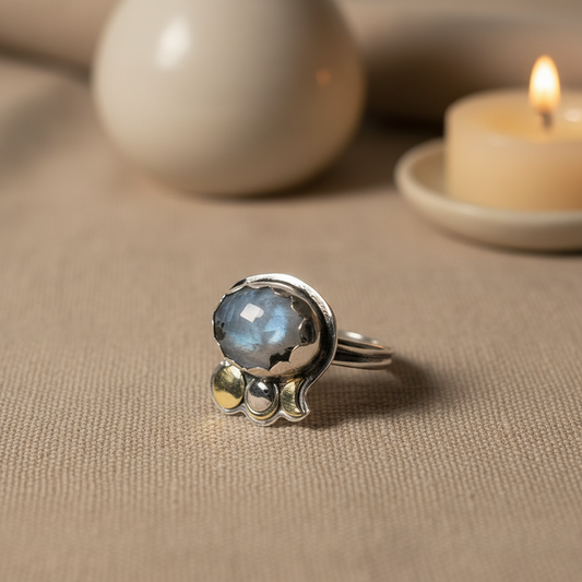 Silver ring with a blue gemstone on a textured surface with a candle in the background