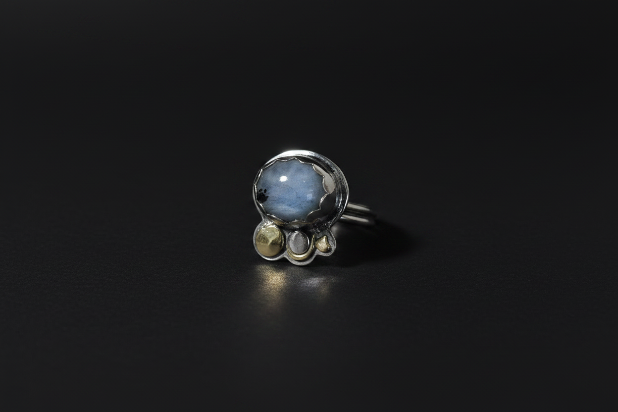 A silver ring featuring a large oval light blue stone with smaller round clear and yellowish-green stones clustered beneath it, set against a dark black background.
