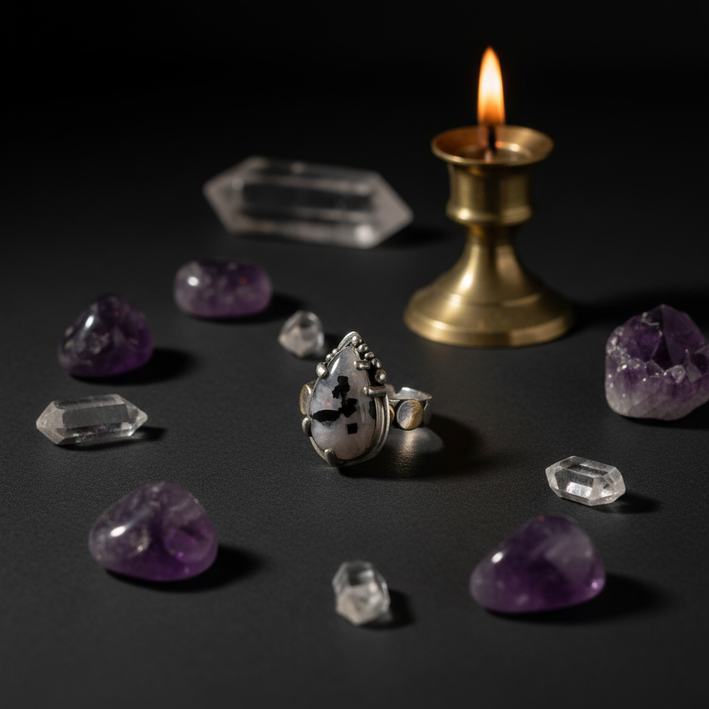 A silver ring with a black and white spotted owl face design, displayed on a dark surface surrounded by purple crystals, clear quartz points, and a lit brass candlestick.