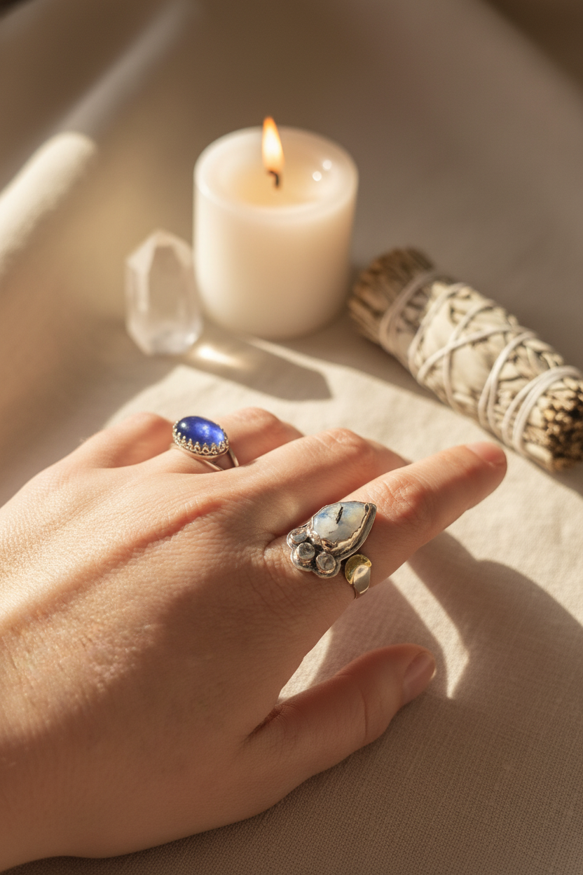 Hand wearing two rings with a lit candle and sage on a textured surface