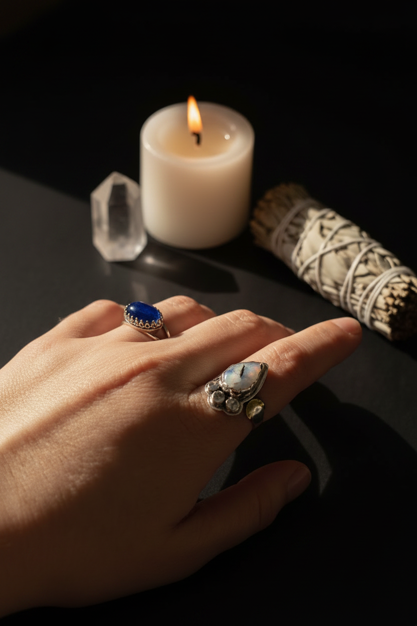 A close-up of a person's hand wearing two rings, one with a deep blue oval stone and the other with a white stone in an ornate silver setting, posed with a lit white candle, a clear crystal, and a white sage bundle on a dark surface.