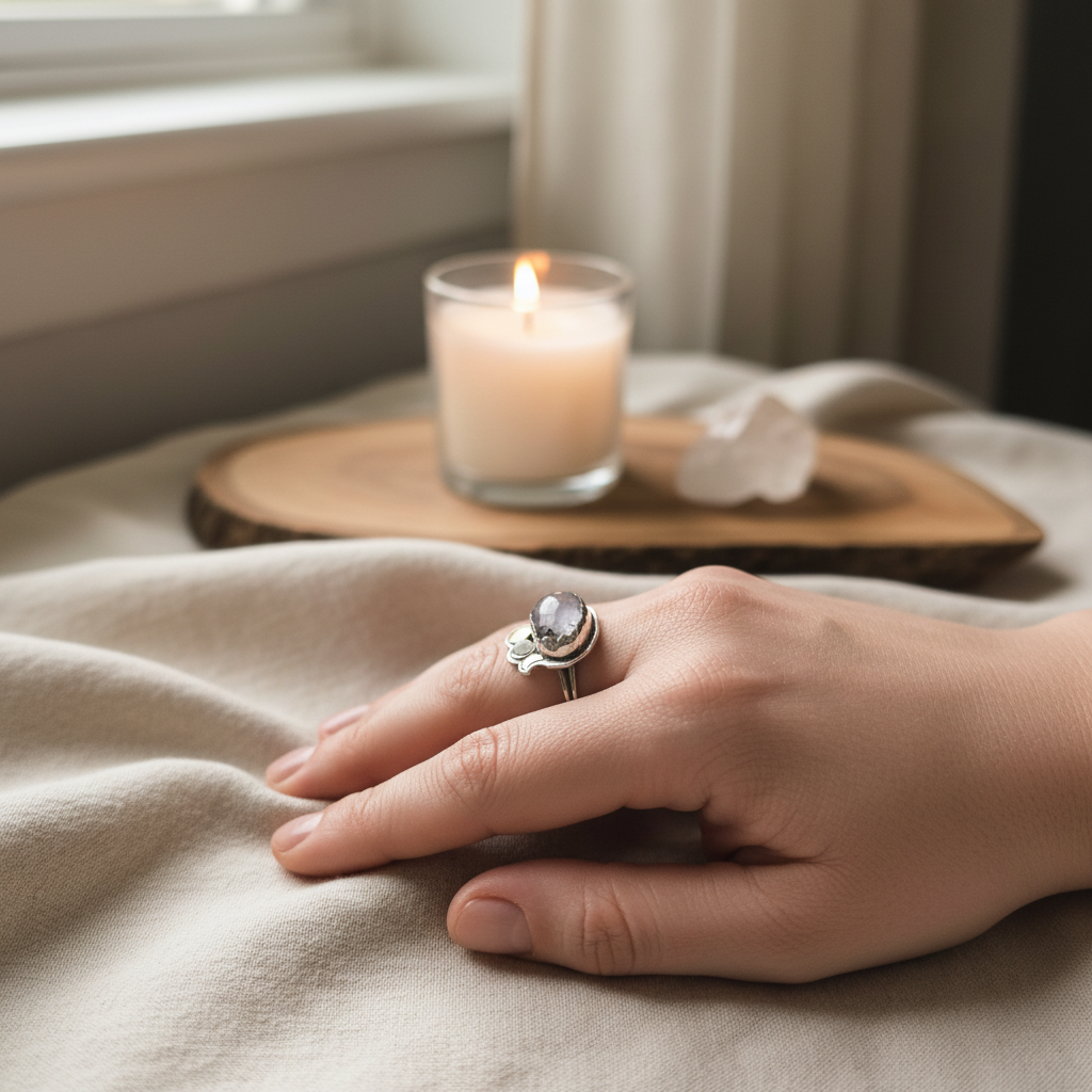 Hand wearing a ring with a candle and crystal on a wooden tray in the background