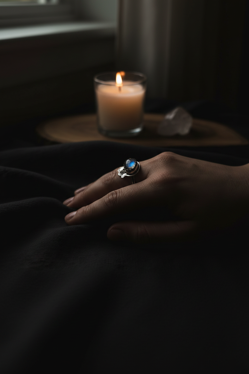 A silver ring with a round blue stone is worn on a person's hand resting on dark fabric, with a lit candle and crystal in the background.