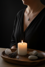 A lit white pillar candle sits on a wooden tray with smooth stones, dried lavender, and a crystal cluster. A woman in a black V-neck top is partially visible behind it against a dark background.