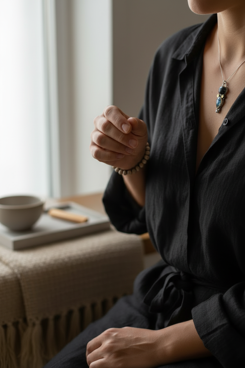 A close-up lifestyle shot of a person wearing a black button-up shirt and a silver-toned pendant necklace with a dark green stone, seated in a softly lit indoor setting.