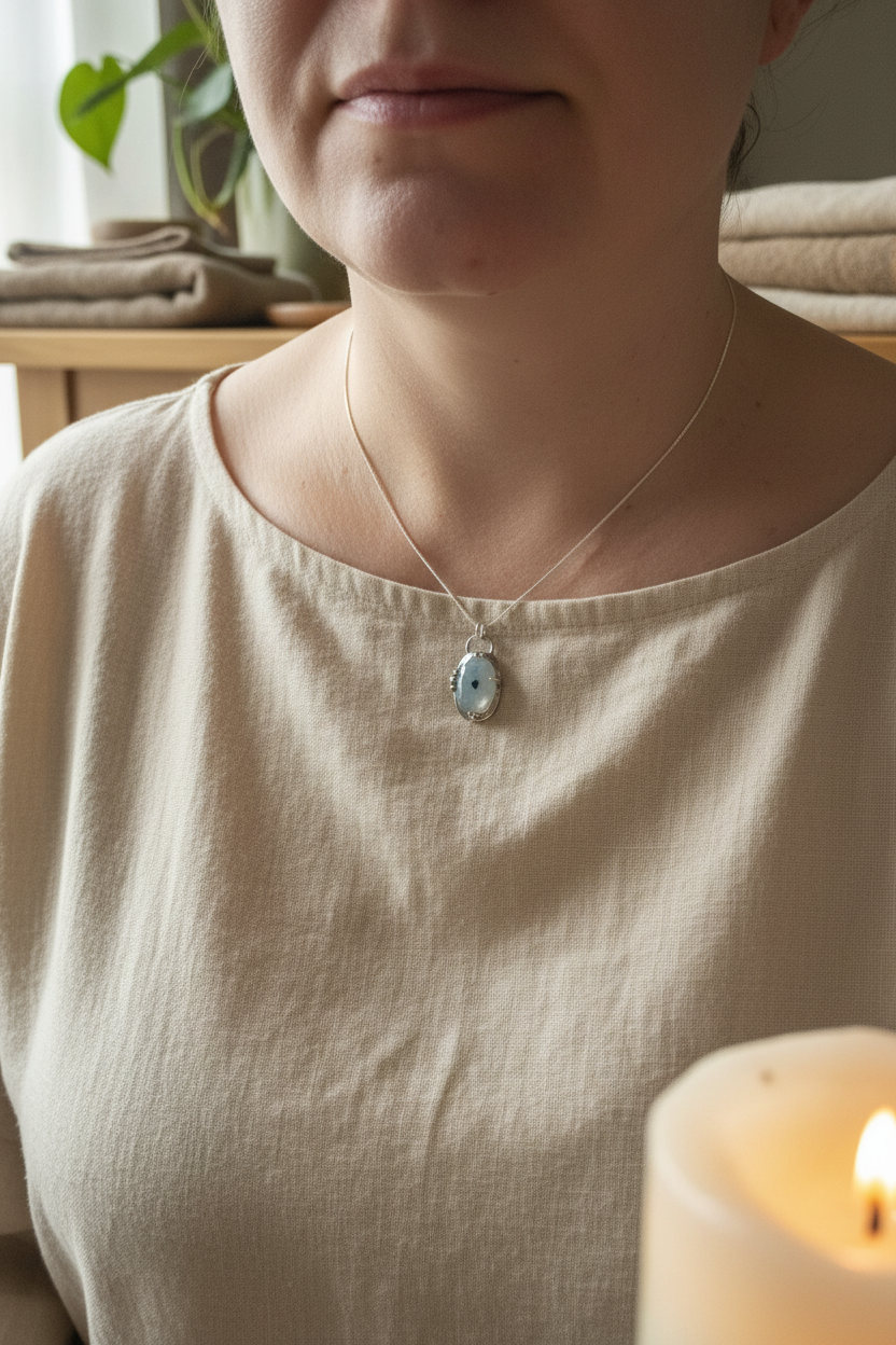 Person wearing a necklace with a pendant, standing next to a lit candle.