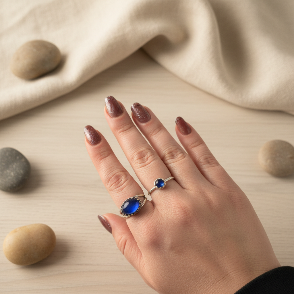 Hand wearing a ring with a blue gemstone on a neutral background