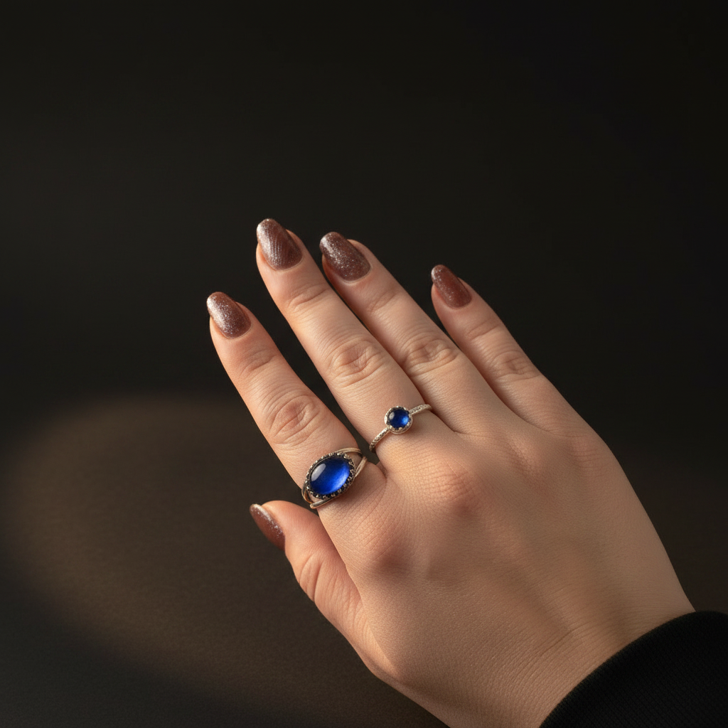 A close-up of a hand wearing two silver rings with deep blue oval and round gemstones, set against a dark, moody background.