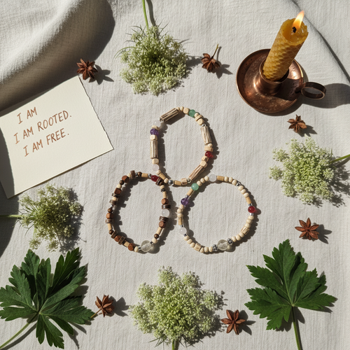 Beaded bracelet on a textured surface with plants and a candle