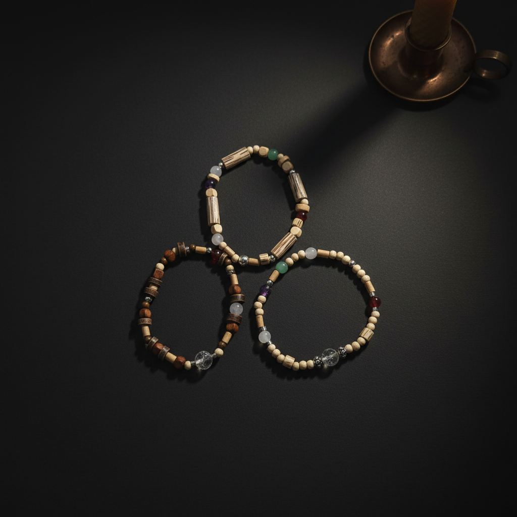 Three beaded stretch bracelets arranged in a triangle on a dark surface, with a bronze candle holder partially visible in the top right corner.