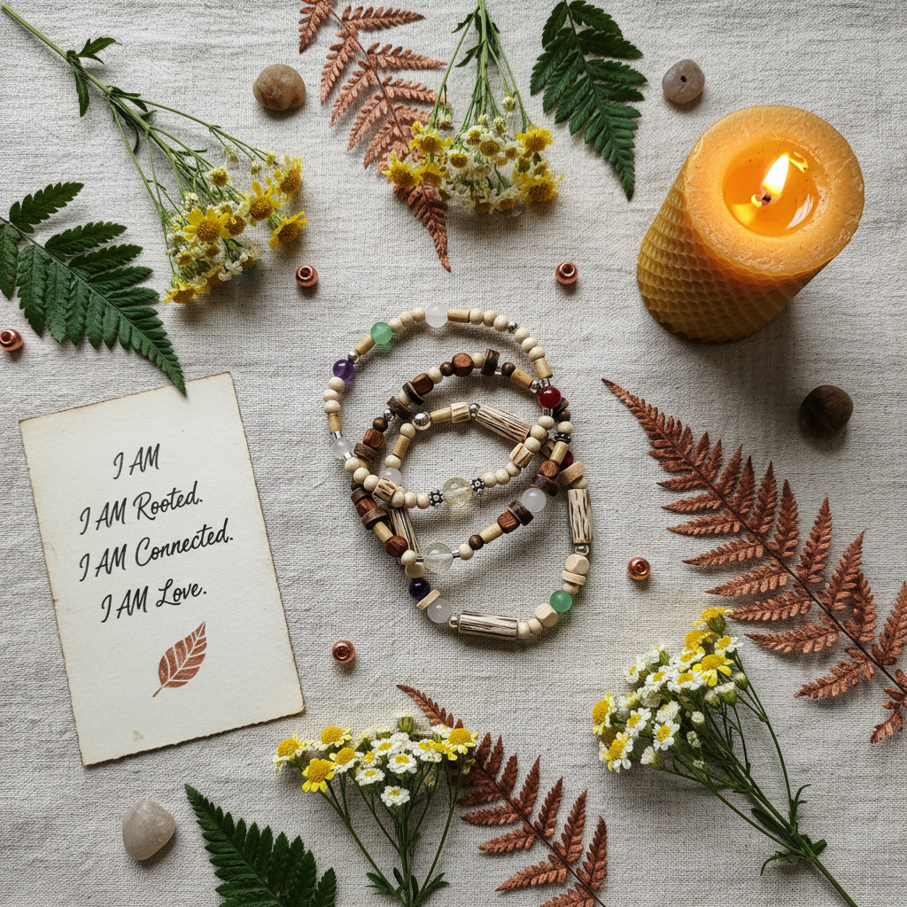 Necklaces with beads on a textured surface with leaves, flowers, and a candle.
