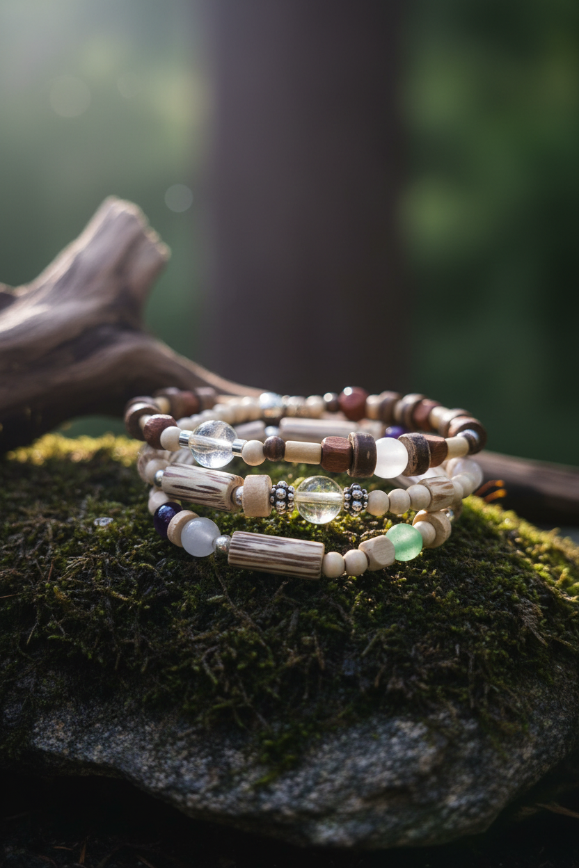 Stack of beaded bracelets on a rock with a natural background