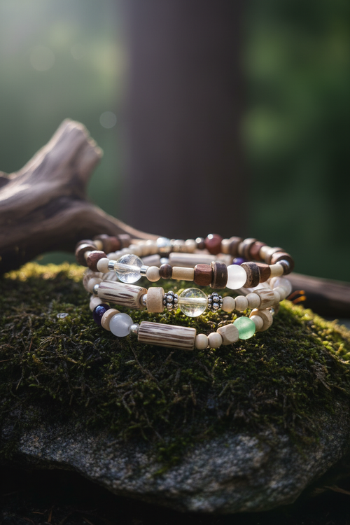 Stack of beaded bracelets on a rock with a natural background