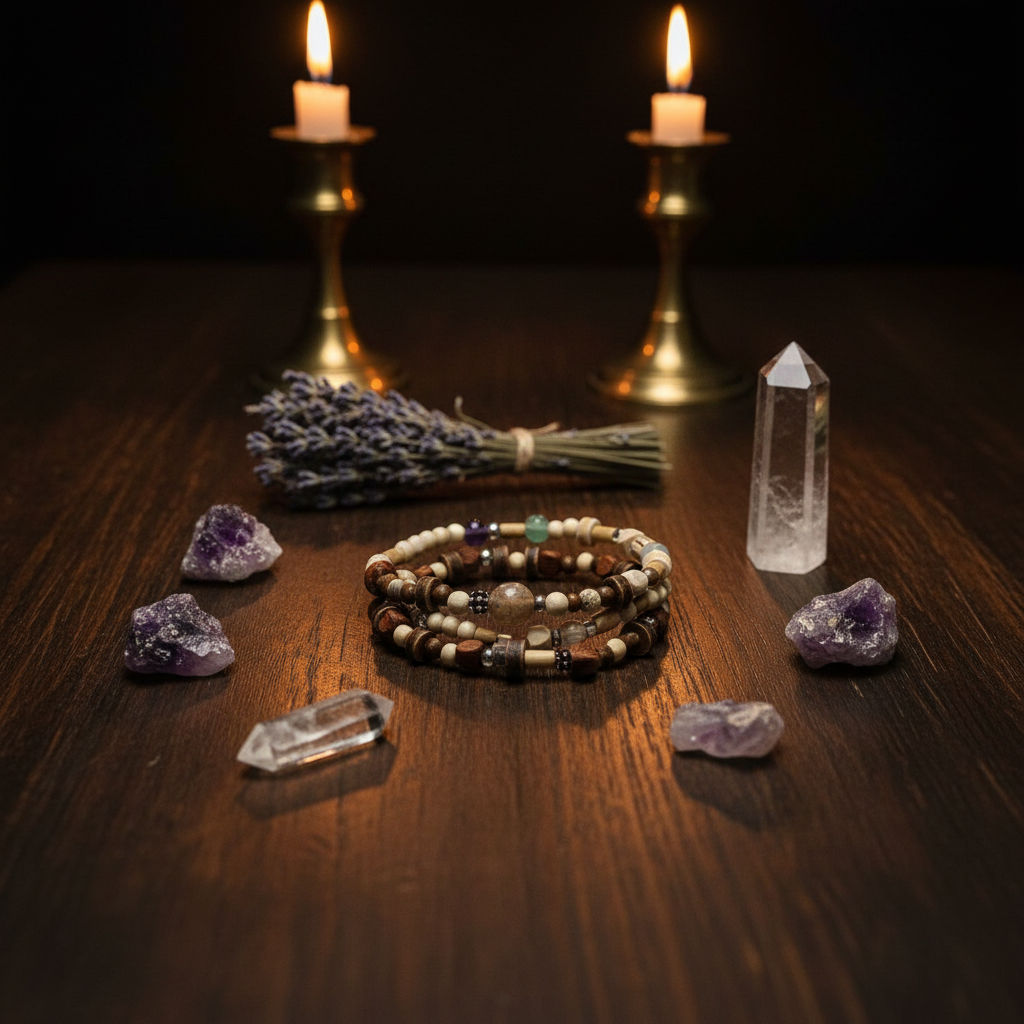 A set of beaded bracelets arranged on a dark wooden table, surrounded by purple crystals, a bundle of dried lavender, and two lit candles in brass holders in the background.