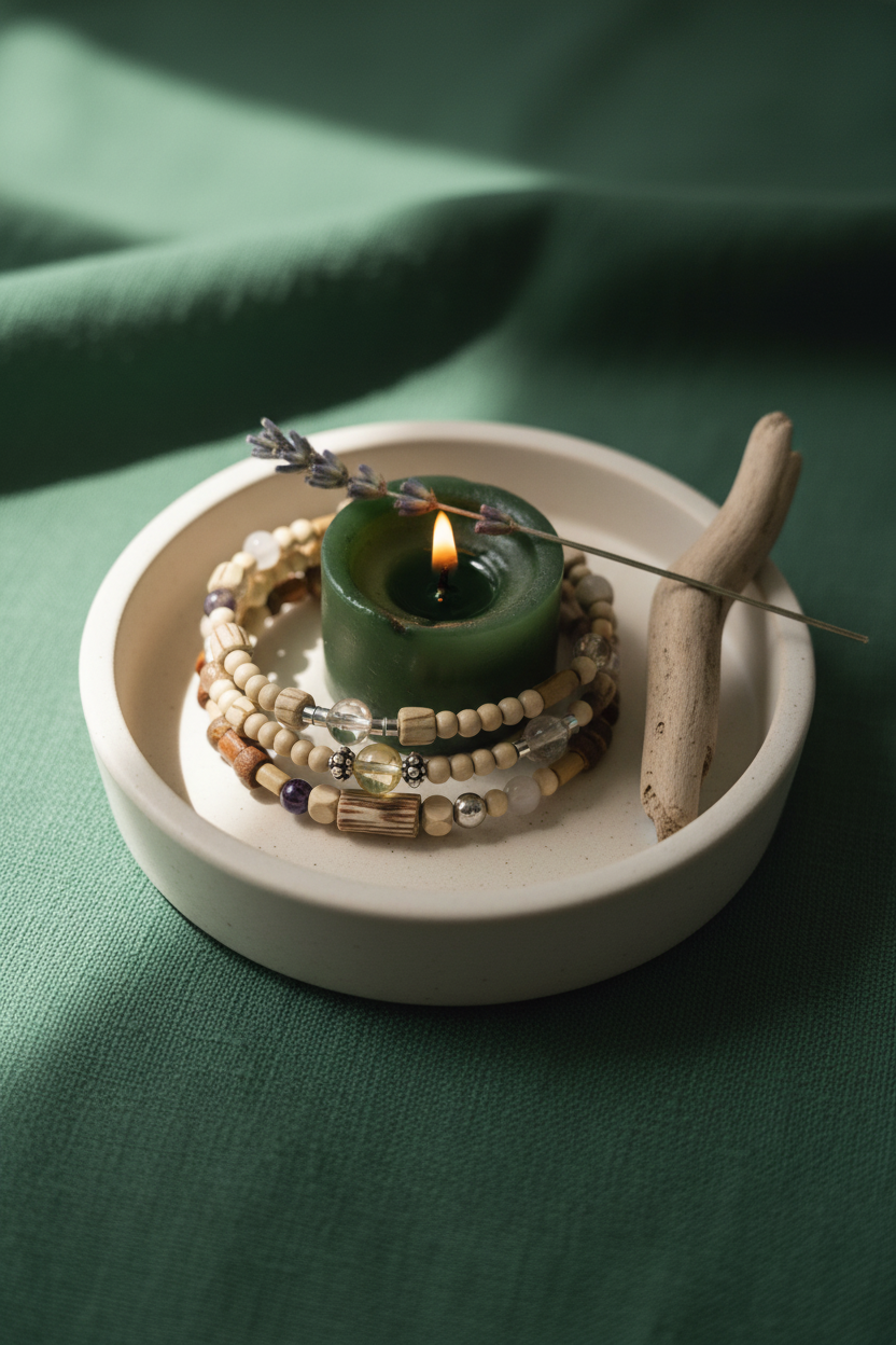 Green candle in a white dish with beads and a stick on a green background
