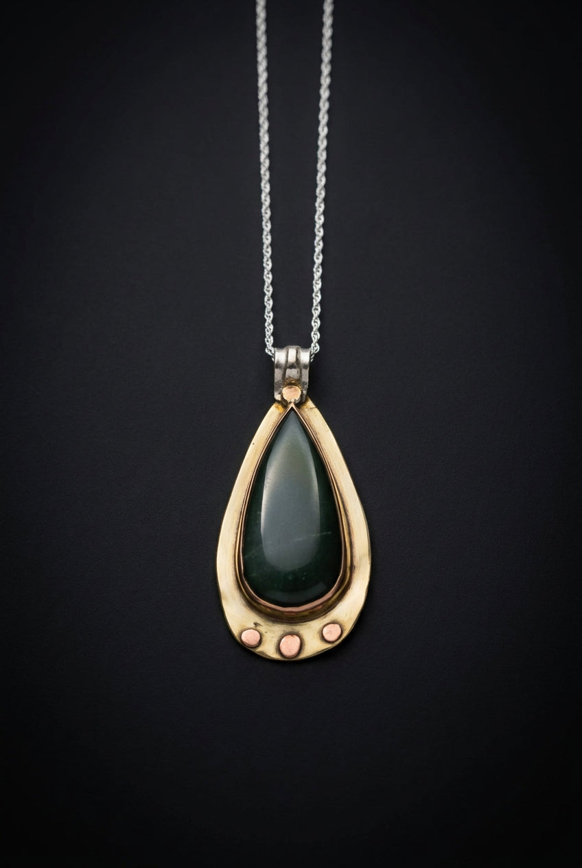 A teardrop-shaped pendant necklace with a dark green stone set in a gold-tone frame, suspended from a silver-tone chain against a black background.