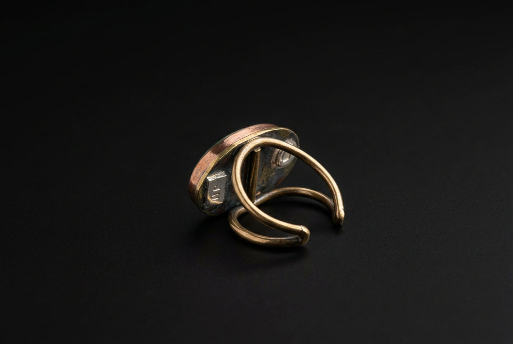 A small metallic ring or clasp with a silver-toned band and gold-toned end, resting on a white paper towel over a blurred desk background.