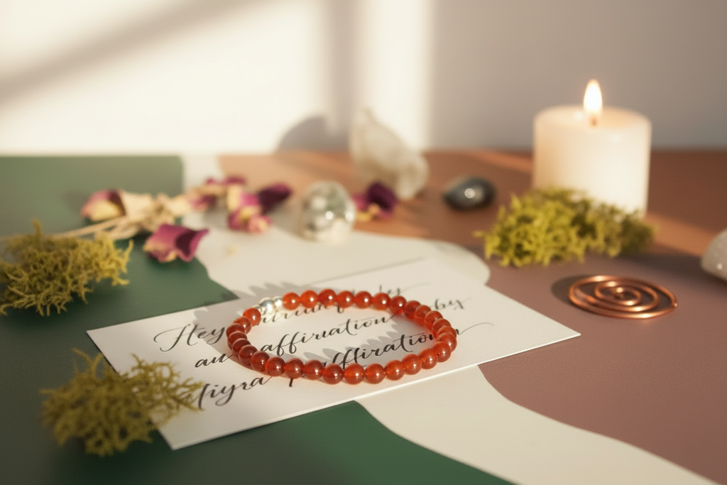 Bracelet on a card with a candle and decorative elements on a table