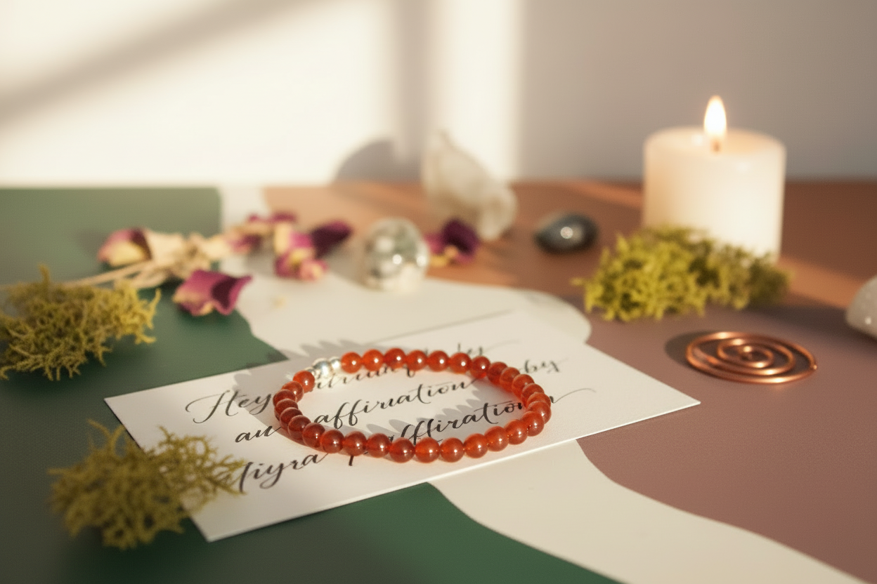 Bracelet on a card with a candle and decorative elements on a table
