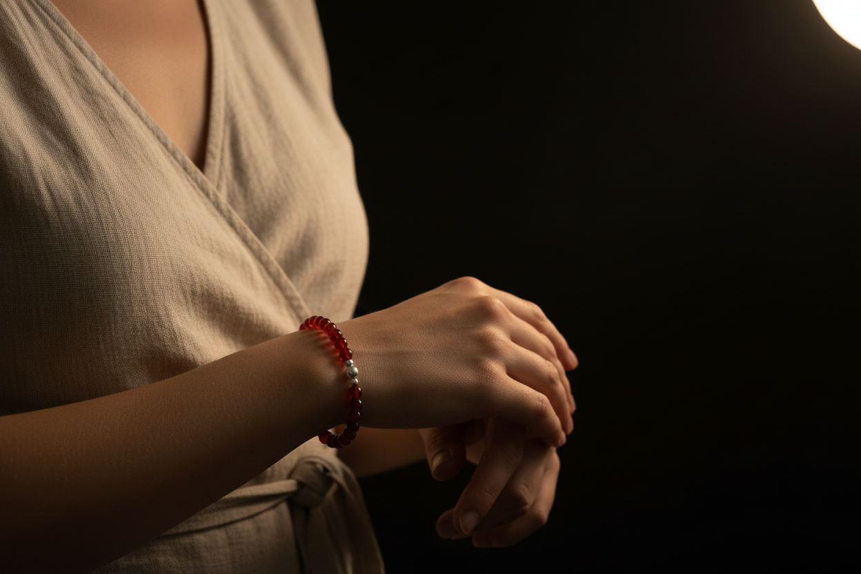 A close-up lifestyle shot of a person wearing a red beaded bracelet on their wrist, wearing a light beige wrap dress against a dark background.