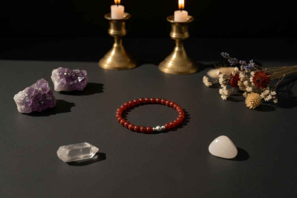 A red beaded bracelet with a small silver accent bead is displayed on a dark gray surface, surrounded by crystals, dried flowers, and two lit brass candlesticks in the background.
