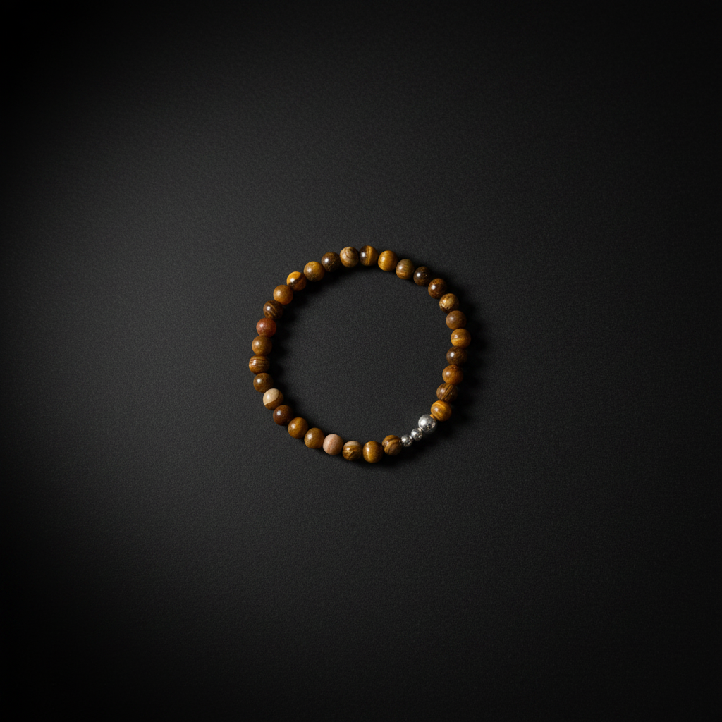 A beaded bracelet made of round brown and gold tiger's eye beads with a small silver spacer bead, displayed on a dark textured background.