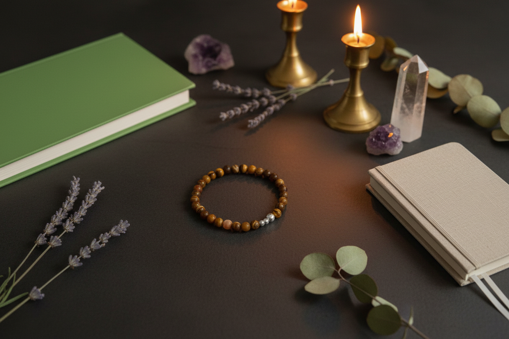 A beaded bracelet with brown, gold, and silver beads is displayed on a dark tabletop, surrounded by lifestyle props including a green notebook, a cream journal, lavender sprigs, eucalyptus leaves, candles, and crystals.