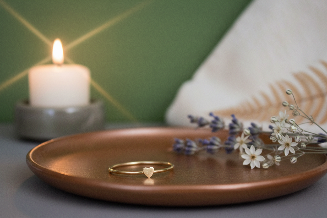 Gold ring on a wooden tray with a candle and flowers in the background