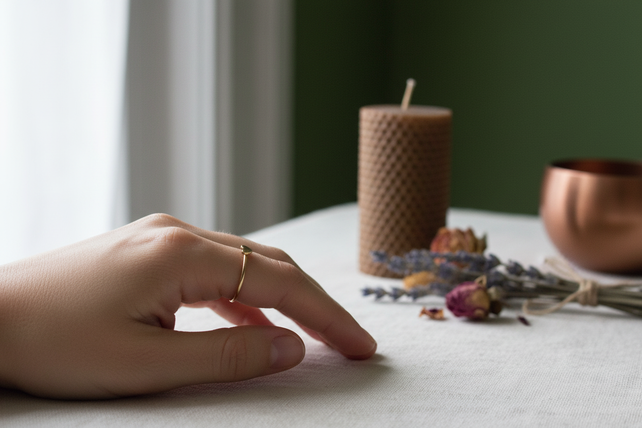 Hand with a ring on a table with a candle and dried flowers