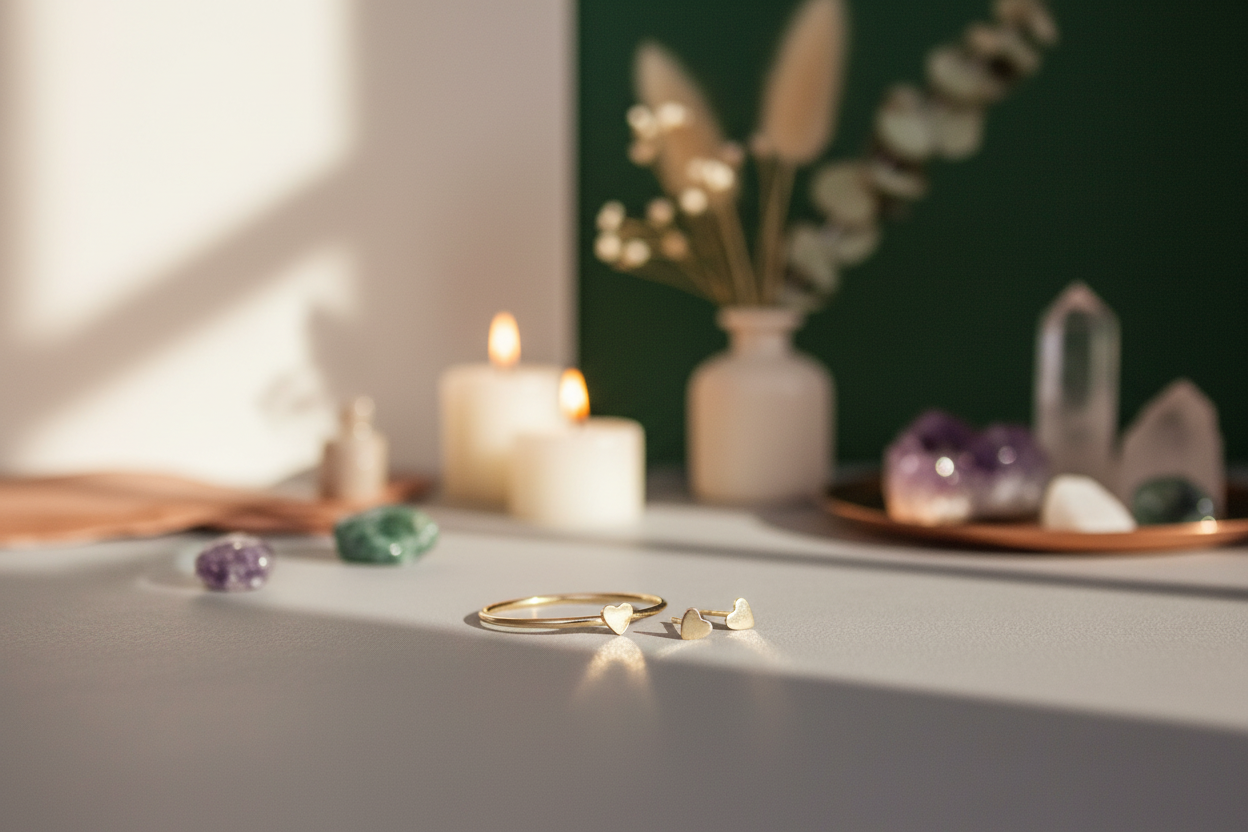 Gold rings on a surface with candles and crystals in the background