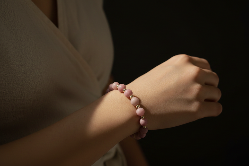 A close-up of a person's wrist wearing a beaded bracelet made of light pink round beads separated by small gold spacer rings, set against a dark background.