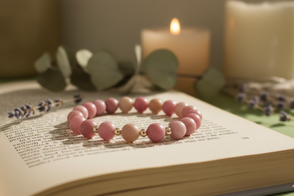 Pink beaded bracelet on an open book with a candle in the background